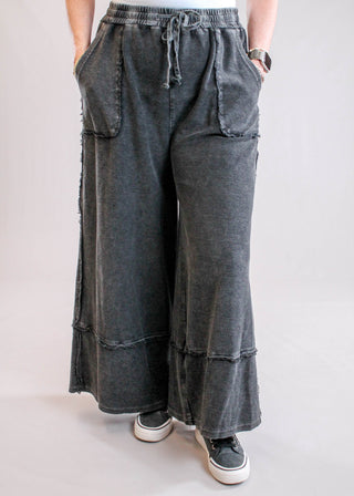 Easel Mineral Wash Wide Leg Cotton Pant Front View - fashion Crossroads Inc