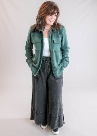 Staccato Long Sleeve Button Down Collared Shirt with Pockets Model View - Fashion Crossroads Inc