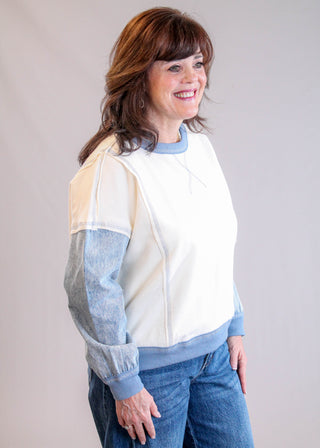 Blu Pepper Denim Sleeve Sweatshirt Side View - Fashion Crossroads Inc