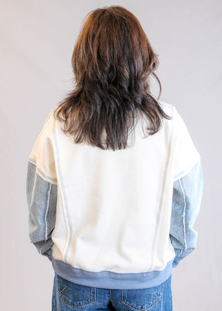 Blu Pepper Denim Sleeve Sweatshirt Back View - Fashion Crossroads Inc
