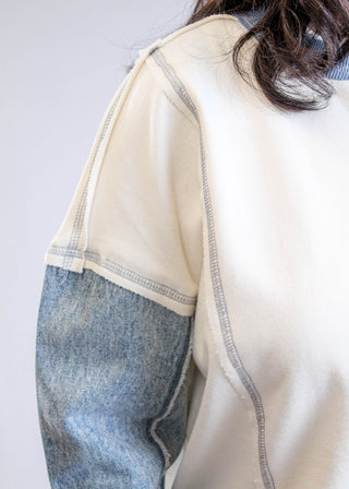 Blu Pepper Denim Sleeve Sweatshirt Detail View - Fashion Crossroads Inc