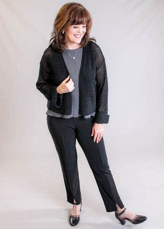 Angie Long Sleeve Crop Knit Cardigan Model View - Fashion Crossroads Inc