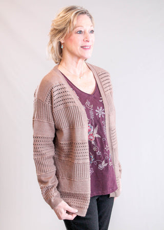 Staccato Pointelle Open Front Long Sleeve Cardigan Side View - Fashion Crossroads Inc