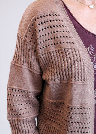Staccato Pointelle Open Front Long Sleeve Cardigan Detail View - Fashion Crossroads Inc