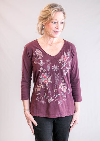 Caite Greta 3/4 Sleeve Embroidered Top in Oxblood  Front View - Fashion Crossroads Inc