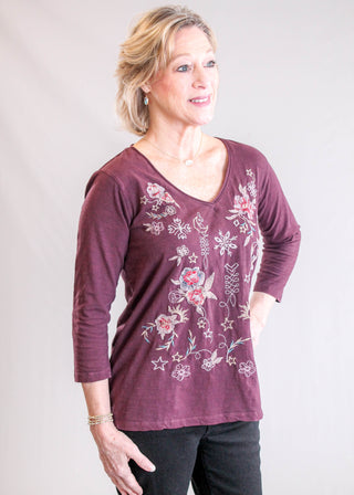 Caite Greta 3/4 Sleeve Embroidered Top in Oxblood  Side View - Fashion Crossroads Inc