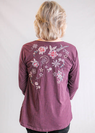 Caite Greta 3/4 Sleeve Embroidered Top in Oxblood  Back View - Fashion Crossroads Inc
