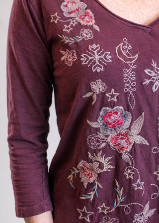 Caite Greta 3/4 Sleeve Embroidered Top in Oxblood  Detail View - Fashion Crossroads Inc