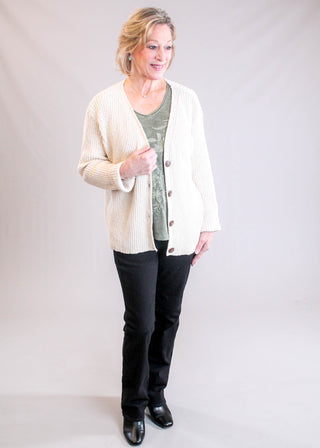 The Caite Enya 3/4 Sleeve Embroidered Top in Desert Sage Model View - Fashion Crossroads Inc