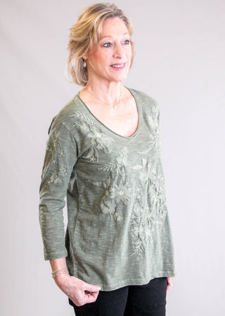 The Caite Enya 3/4 Sleeve Embroidered Top in Desert Sage Side View - Fashion Crossroads Inc