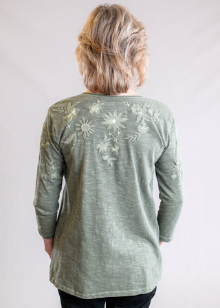 The Caite Enya 3/4 Sleeve Embroidered Top in Desert Sage Back View - Fashion Crossroads Inc