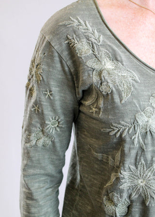 The Caite Enya 3/4 Sleeve Embroidered Top in Desert Sage Detail View - Fashion Crossroads Inc