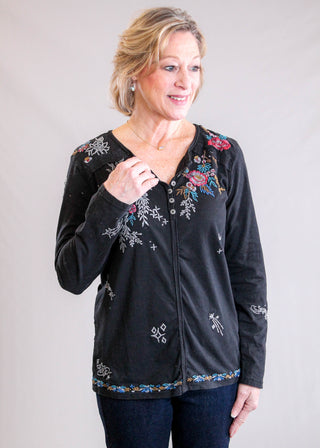 Caite Karli 3/4 Sleeve Embroidered Top in Black Front View - Fashion Crossroads Inc
