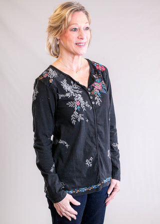 Caite Karli 3/4 Sleeve Embroidered Top in Black Side View - Fashion Crossroads Inc