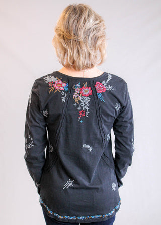Caite Karli 3/4 Sleeve Embroidered Top in Black Back View - Fashion Crossroads Inc