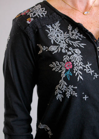 Caite Karli 3/4 Sleeve Embroidered Top in Black Detail View - Fashion Crossroads Inc