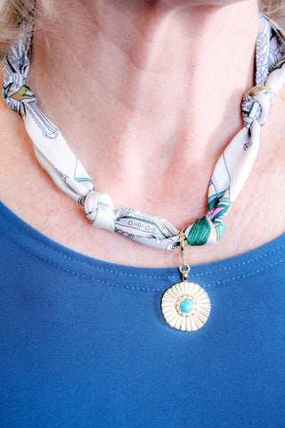 Gemelli Tan and Turquoise Scarf Necklace with Gold Tone Coin Detail View  - Fashion Crossroads Inc