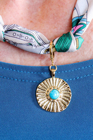 Gemelli Tan and Turquoise Scarf Necklace with Gold Tone Coin Front View  - Fashion Crossroads Inc