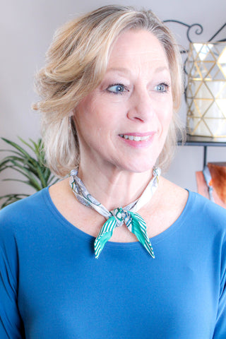 Gemelli Tan and Turquoise Scarf Necklace with Gold Tone Coin Front View  - Fashion Crossroads Inc