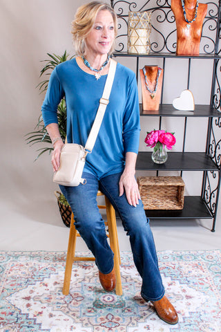 Gemelli Barry Heart Scarf Necklace with Faux Pearl Model View - Fashion Crossroads Inc