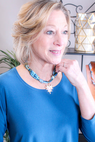 Gemelli Barry Heart Scarf Necklace with Faux Pearl Front View - Fashion Crossroads Inc