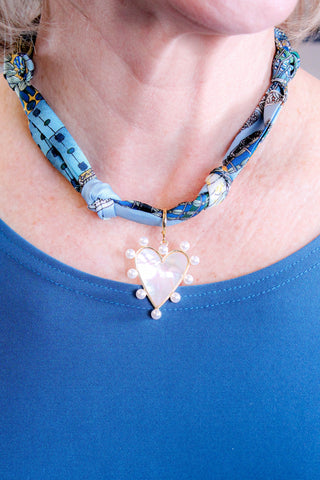 Gemelli Barry Heart Scarf Necklace with Faux Pearl Front View - Fashion Crossroads Inc