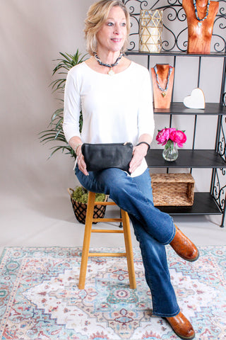 Gemelli Black and Tan Scarf Necklace with CZ Cross Model View - Fashion Crossroads Inc