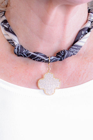 Gemelli Black and Tan Scarf Necklace with CZ Cross Front View - Fashion Crossroads Inc