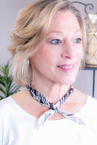 Gemelli Black and Tan Scarf Necklace with CZ Cross Detail View - Fashion Crossroads Inc