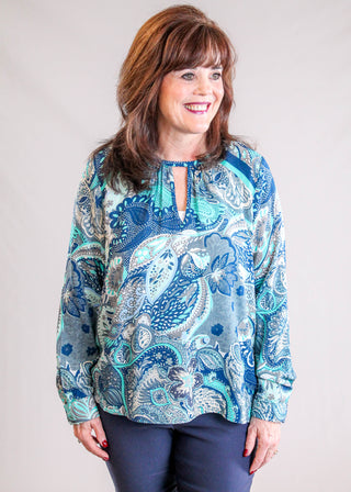 Liverpool Long Sleeve Paisley Top with Keyhole Neck front view - Fashion Crossroads Inc. 