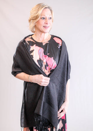 Jacquard Pashmina with Fringe Front View - Fashion Crossroads Inc