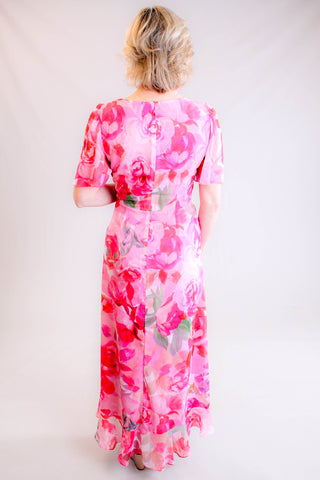 Maggie London Floral High-Low Dress with Tie Waist back view - Fashion Crossroads inc.