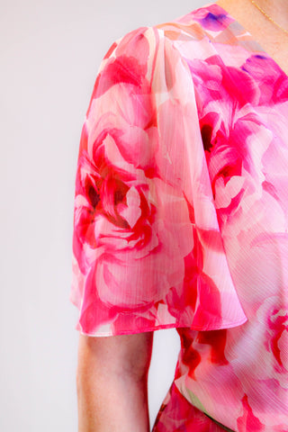 Maggie London Floral High-Low Dress with Tie Waist shoulder view - Fashion Crossroads inc.