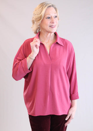 She + Sky 3/4 Sleeve Top with Collar Front View - Fashion Crossroads Inc