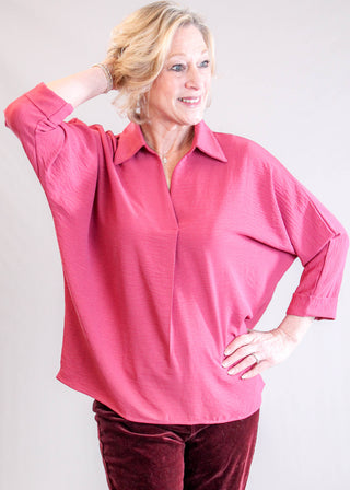 She + Sky 3/4 Sleeve Top with Collar Front View - Fashion Crossroads Inc
