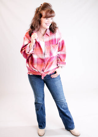 Tribal Sportswear Flannel Plaid Shirt with Fringe Hem styled view - Fashion Crossroads Inc.