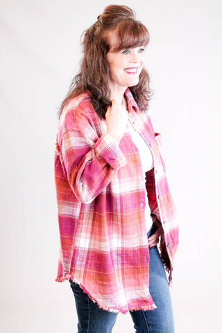 Tribal Sportswear Flannel Plaid Shirt with Fringe Hem side view - Fashion Crossroads Inc.