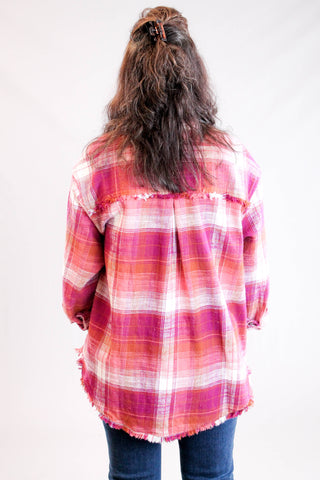 Tribal Sportswear Flannel Plaid Shirt with Fringe Hem back view - Fashion Crossroads Inc.