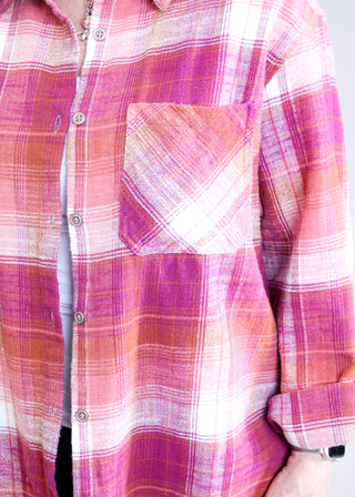 Tribal Sportswear Flannel Plaid Shirt with Fringe Hem detail  view - Fashion Crossroads Inc.