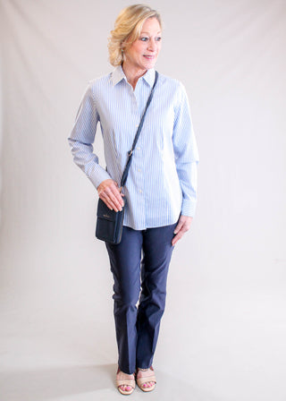 Foxcroft Dianna Wrinkle-Free Cotton Blouse – Blue/White Stripe styled view - Fashion Crossroads Inc.