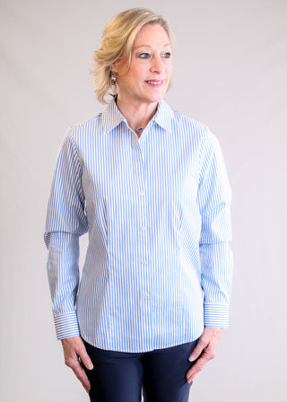 Foxcroft Dianna Wrinkle-Free Cotton Blouse – Blue/White Stripe front view - Fashion Crossroads Inc.
