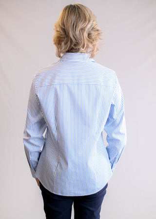 Foxcroft Dianna Wrinkle-Free Cotton Blouse – Blue/White Stripe back view - Fashion Crossroads Inc.