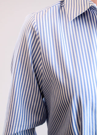 Foxcroft Dianna Wrinkle-Free Cotton Blouse – Blue/White Stripe detail view - Fashion Crossroads Inc.