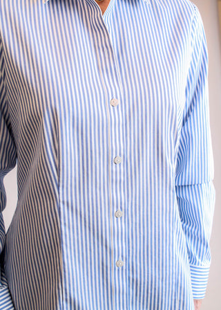 Foxcroft Dianna Wrinkle-Free Cotton Blouse – Blue/White Stripe button view - Fashion Crossroads Inc.