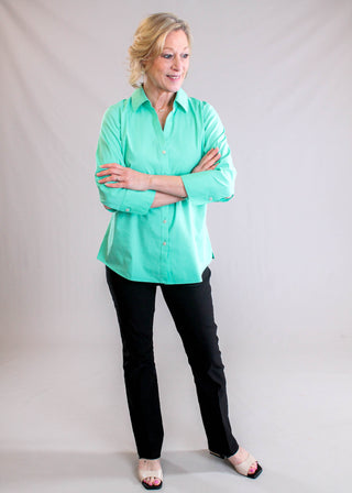 Foxcroft Mary Wrinkle-Free Cotton Blouse – Biscay Green styled view - Fashion Crossroads Inc.