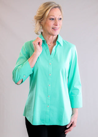 Foxcroft Mary Wrinkle-Free Cotton Blouse – Biscay Green front view - Fashion Crossroads Inc.
