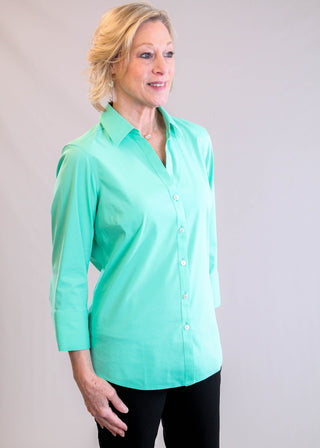 Foxcroft Mary Wrinkle-Free Cotton Blouse – Biscay Green side view - Fashion Crossroads Inc.