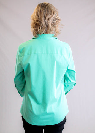 Foxcroft Mary Wrinkle-Free Cotton Blouse – Biscay Green back view - Fashion Crossroads Inc.