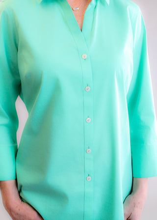 Foxcroft Mary Wrinkle-Free Cotton Blouse – Biscay Green button view - Fashion Crossroads Inc.