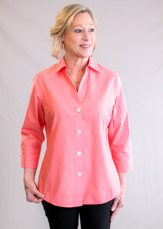Foxcroft Paityn Wrinkle-Free Cotton Blouse – Coral Reef front view - Fashion Crossroads Inc.